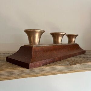 Brass and wood triple candle holder